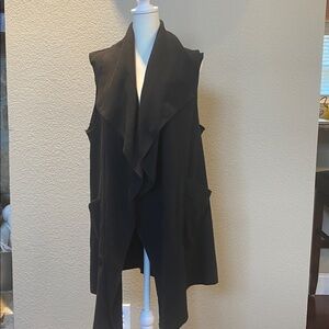 Black Long Fleece Sleeveless Open Front Cardigan One Size